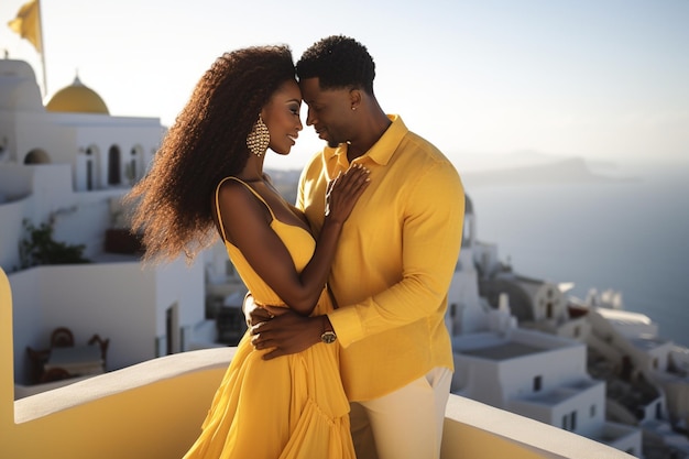 femme et homme sur une terrasse blanche à Santorin Grèce lune de miel couple d'amants atmosphère romantique