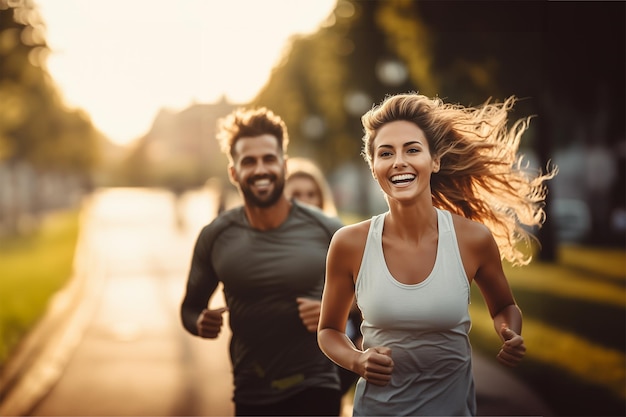 Une femme et un homme en vêtements de sport courent dans un parc.