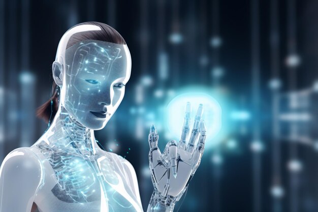 Une femme humanoïde blanche utilisant un hologramme d'icône d'intelligence artificielle numérique généré par un AI de rendu 3D