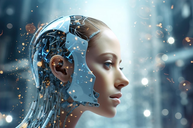Femme IA avec cerveau mécanique dans une ville futuriste