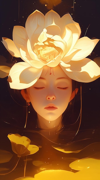 Une femme illuminée avec une fleur de lotus au-dessus d'une lueur dorée mystique