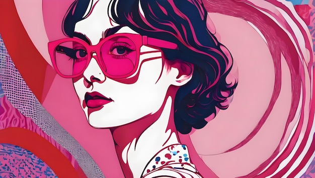 Femme illustrée avec des lunettes rouges et un fond rose avec un motif de formes ondulées pop art