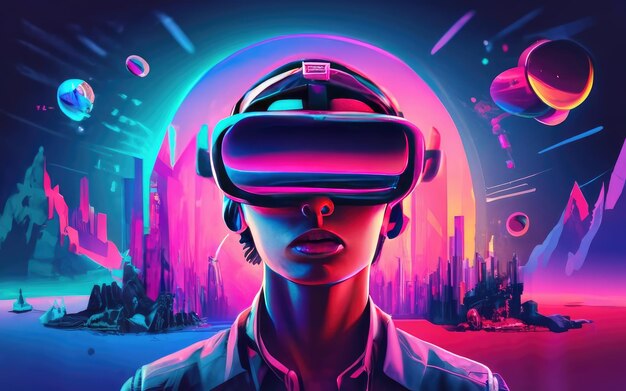 Photo femme immergée dans la réalité virtuelle avec un casque futuriste illustration 3d