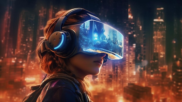 Une femme immergée dans la réalité virtuelle tout en se tenant dans un environnement urbain futuriste Generative ai