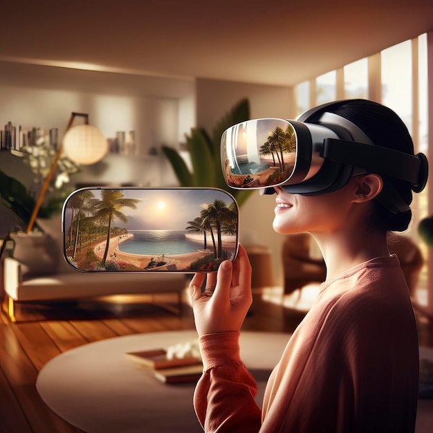 Photo une femme d'immersion artificielle utilisant des lunettes de réalité virtuelle 3d
