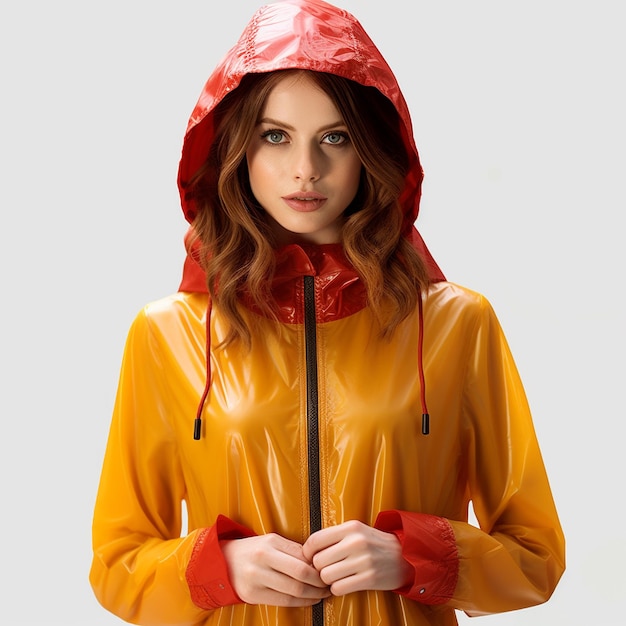 une femme en imperméable avec un imperméable rouge.