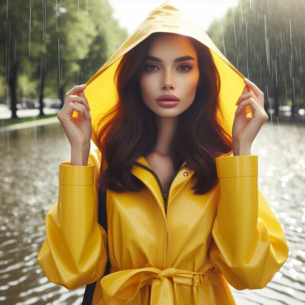 Photo femme en imperméable jaune dans la pluie au jour du soleil portrait ai génératif
