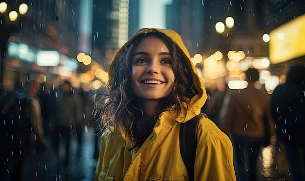 Une femme en imperméable jaune debout sous la pluie