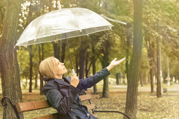 Une femme en imperméable avec un parapluie transparent est assise sur un banc