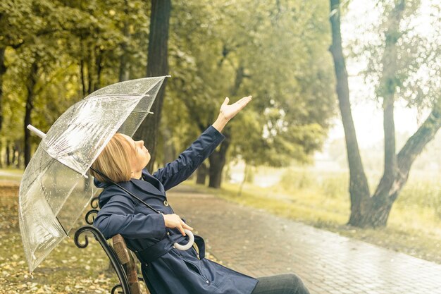 Une femme en imperméable avec un parapluie transparent est assise sur un banc