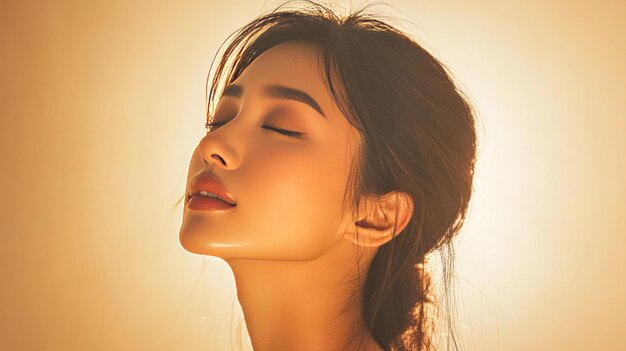 Une femme inclinant doucement la tête sous une lumière douce