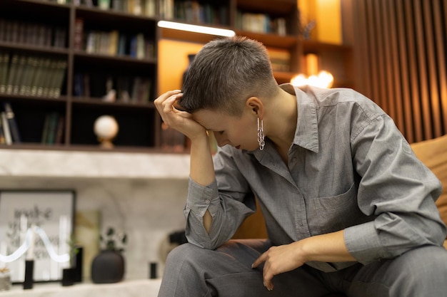 Femme indépendante moderne fatiguée assise sur une chaise dans un bureau élégant tenant sa tête