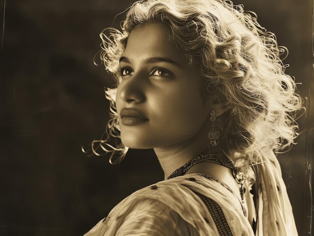Femme indienne adulte photoréaliste avec illustration vintage de cheveux bouclés blonds