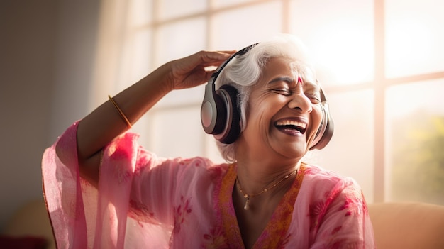 Femme indienne âgée dansant tout en écoutant de la musique avec des écouteurs