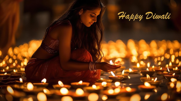 Femme indienne allumant des bougies au festival de Diwali Carte postale de voeux du festival de Diwali