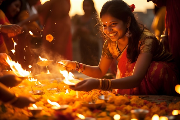 Photo femme indienne et cuisine indienne festive sur table avec des bougies