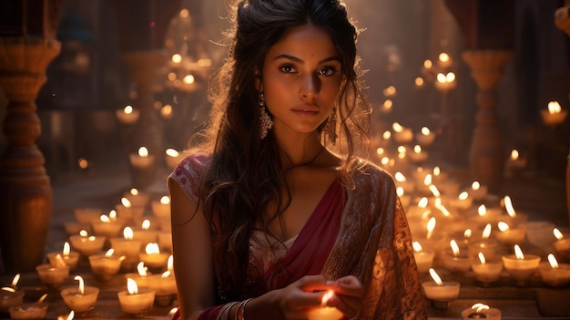 Femme indienne dans un temple indien en l'honneur des vacances de Diwali
