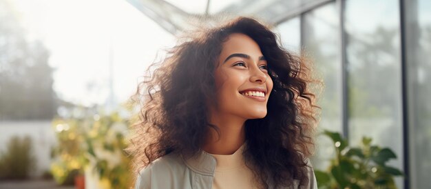 Une femme indienne du millénaire se tient à l'intérieur, optimiste et inspirée, rêvant d'un avenir radieux