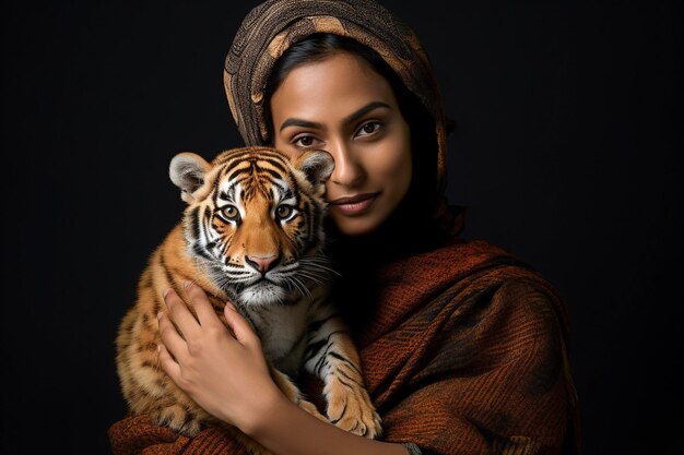 Une femme indienne étreint un chiot de tigre Préserver l'animal en voie de disparition Journée mondiale des animaux