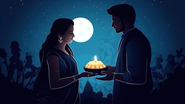 Femme indienne exécutant le rituel du festival marié hindou de Karwa Cahuth regardant la lune à travers sieveillustration