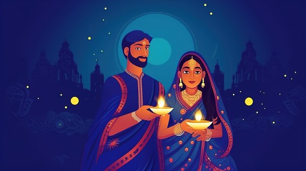 Femme indienne exécutant le rituel du festival marié hindou de Karwa Cahuth regardant la lune à travers sieveillustration