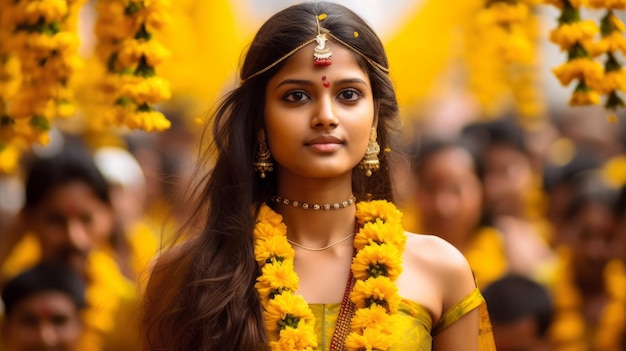 Une femme indienne en fleurs jaunes et en vêtements traditionnels