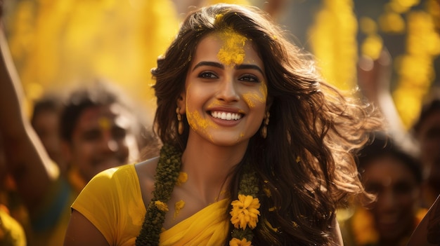 Une femme indienne en fleurs jaunes et en vêtements traditionnels