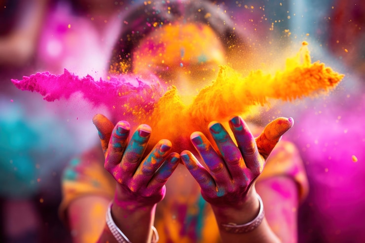 Photo une femme indienne heureuse célèbre holi avec des couleurs en poudre