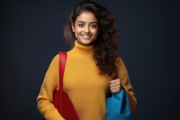 Une femme indienne jolie et joyeuse porte un pull et porte un sac d'achat