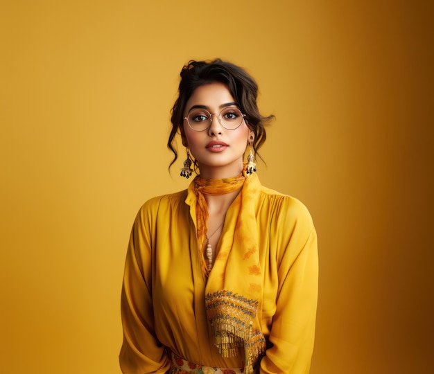 Femme indienne avec des lunettes sur fond jaune