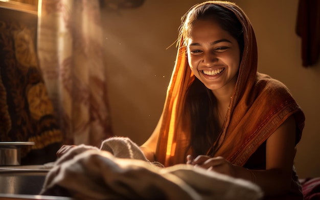 Femme indienne avec une machine à laver