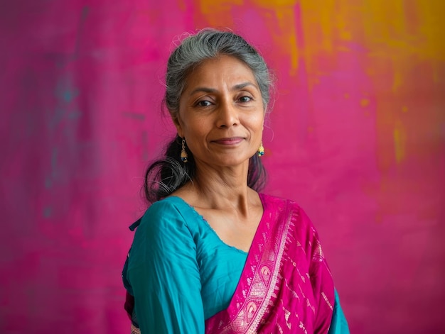Une femme indienne mature aux cheveux gris dans un saree teal et rose