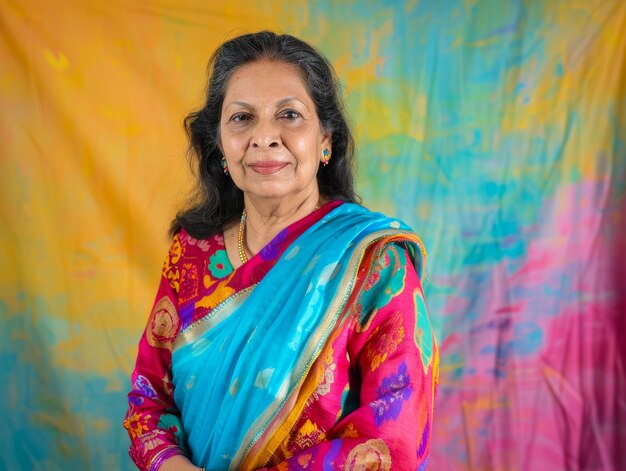 Une femme indienne mature et confiante avec un sourire chaleureux dans un saree coloré