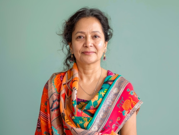 Une femme indienne mature souriante dans un saree coloré