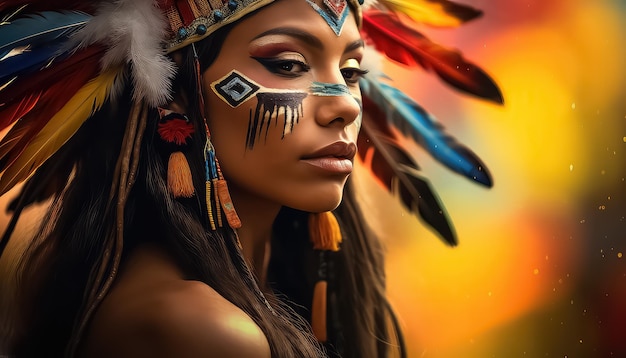 Une femme indienne avec des plumes sur la tête et un maquillage brillant 8 mars Journée mondiale de la femme