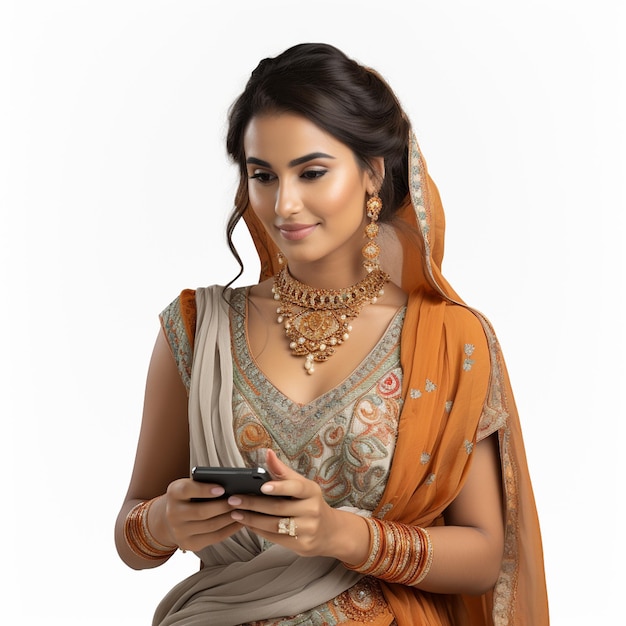 Une femme indienne portant des vêtements ethniques décontractés en utilisant son smartphone