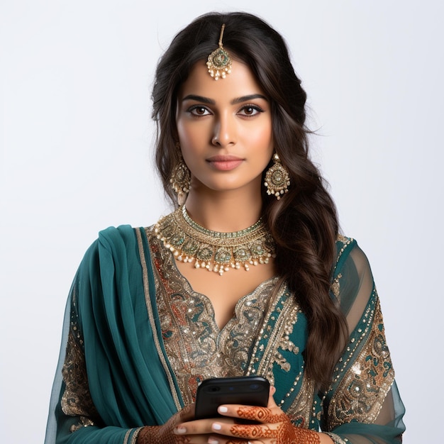 Une femme indienne portant des vêtements ethniques décontractés en utilisant son smartphone