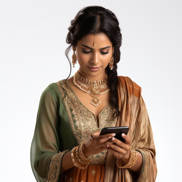 Une femme indienne portant des vêtements ethniques décontractés en utilisant son smartphone