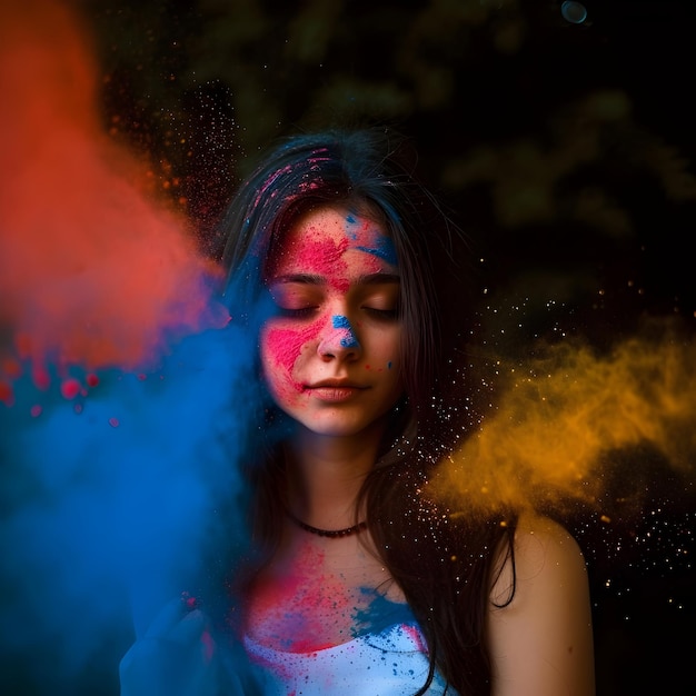 Femme indienne avec une poudre de couleur sèche Holi explosant autour de son fond Happy Holi