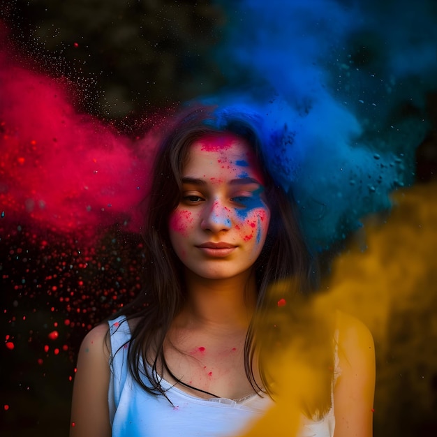 Femme indienne avec une poudre de couleur sèche Holi explosant autour de son fond Happy Holi