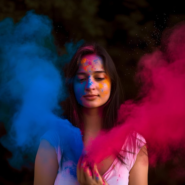 Femme indienne avec une poudre de couleur sèche Holi explosant autour de son fond Happy Holi