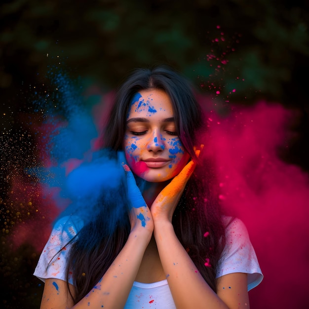 Femme indienne avec une poudre de couleur sèche Holi explosant autour de son fond Happy Holi