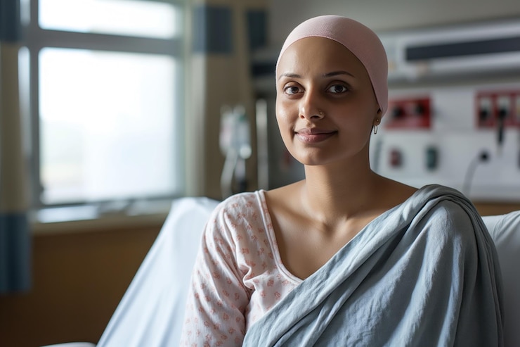 Photo une femme indienne qui a survécu au cancer est chauve et confiante à l'hôpital. elle se rétablit en bonne santé, heureuse et joyeuse.
