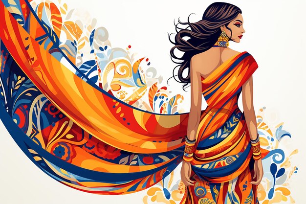 Femme indienne en saree à motif plat de conception vectorielle sur fond blanc