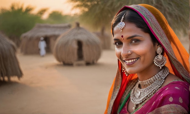 Une femme indienne en sari vibrant sourit gracieusement sur l'arrière-plan du coucher de soleil Pour les sites culturels, les messages sur les médias sociaux promouvant la diversité, même dans les matériaux éducatifs discutant des vêtements traditionnels indiens