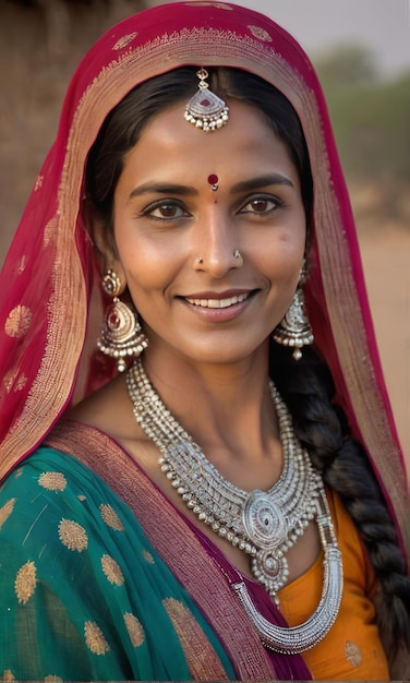 Une femme indienne en sari vibrant sourit gracieusement sur le fond du coucher de soleil pour divers contextes tels que des brochures de voyage promouvant des destinations avec de beaux couchers de soleil dans des contextes liés à la culture indienne