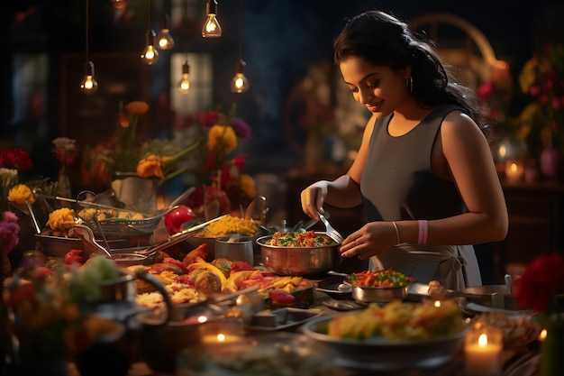 Une femme indienne sert une assiette de curry fait maison