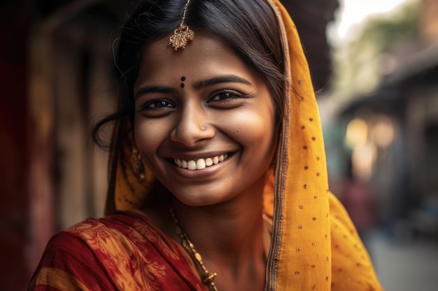 Une femme indienne souriante créée avec l'IA générative.