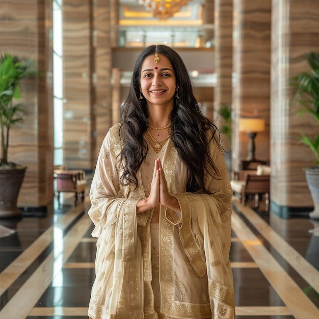 Une femme indienne souriante montrant merci geste de namaste reconnaissant debout au-dessus du hall de l'hôtel