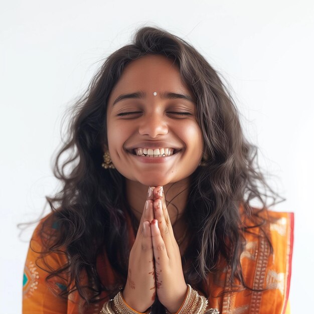 Photo femme indienne souriante montrant salut merci namaste geste reconnaissant ou priant